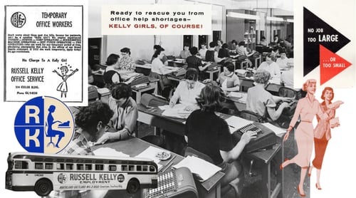 A collage of vintage photos and ads depicting Kelly from 1946 through the 1950s