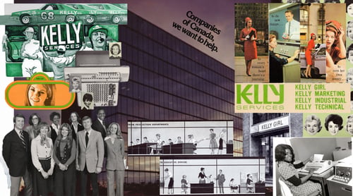 A collage of vintage photos and advertisements depicting Kelly in the 1960s and 1970s